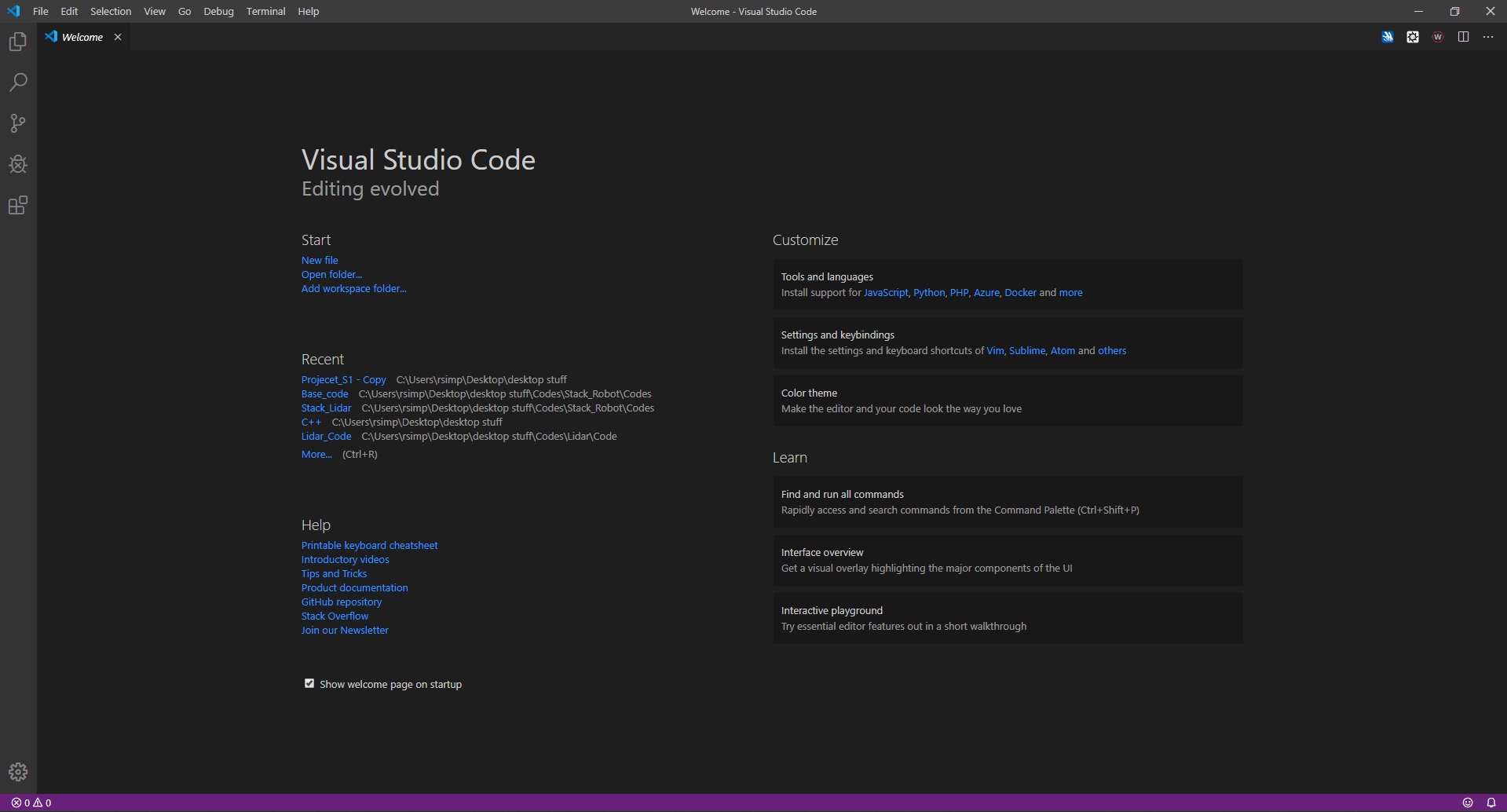 VS Code home screen