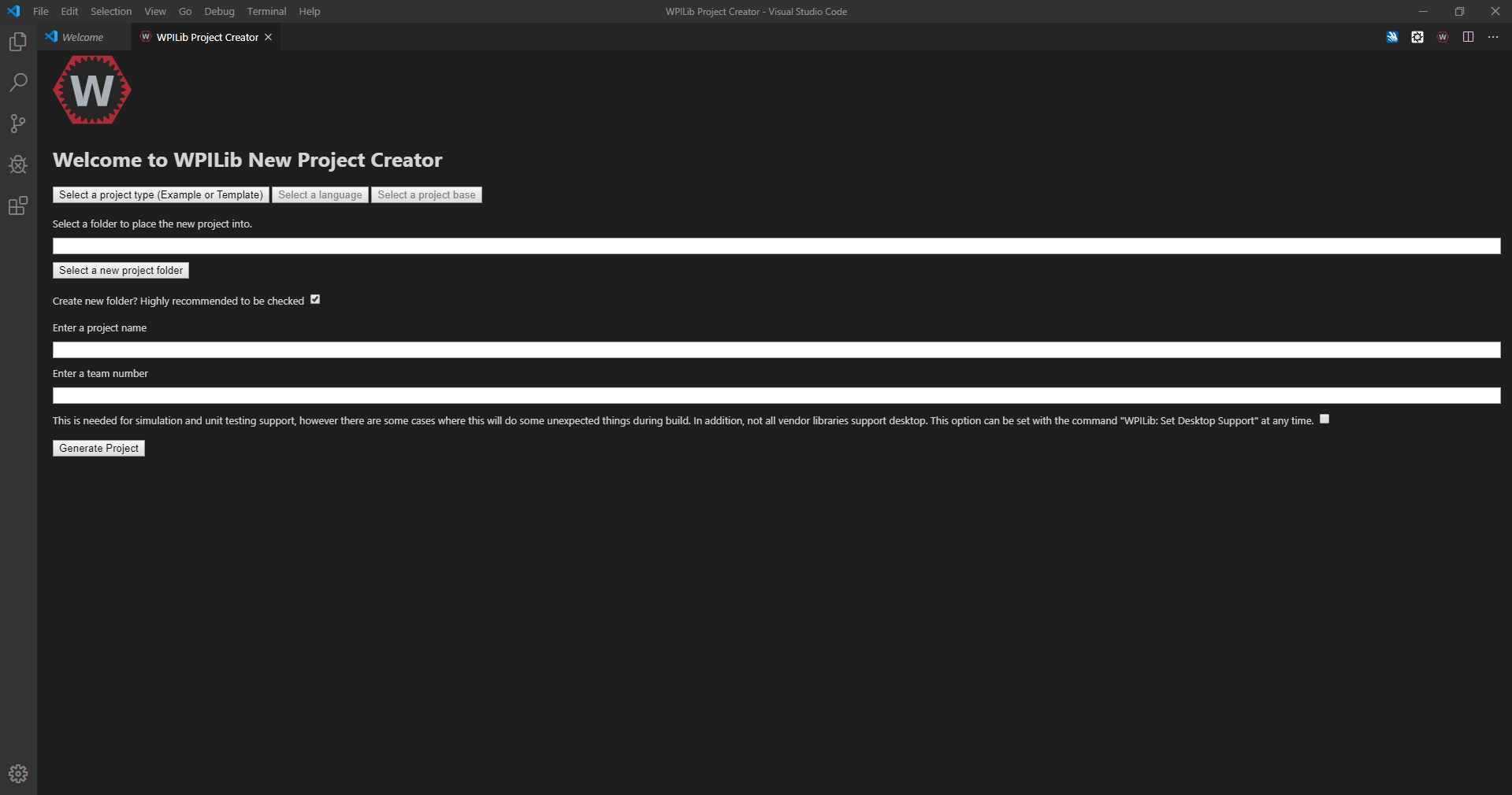 Create-new-project screen
