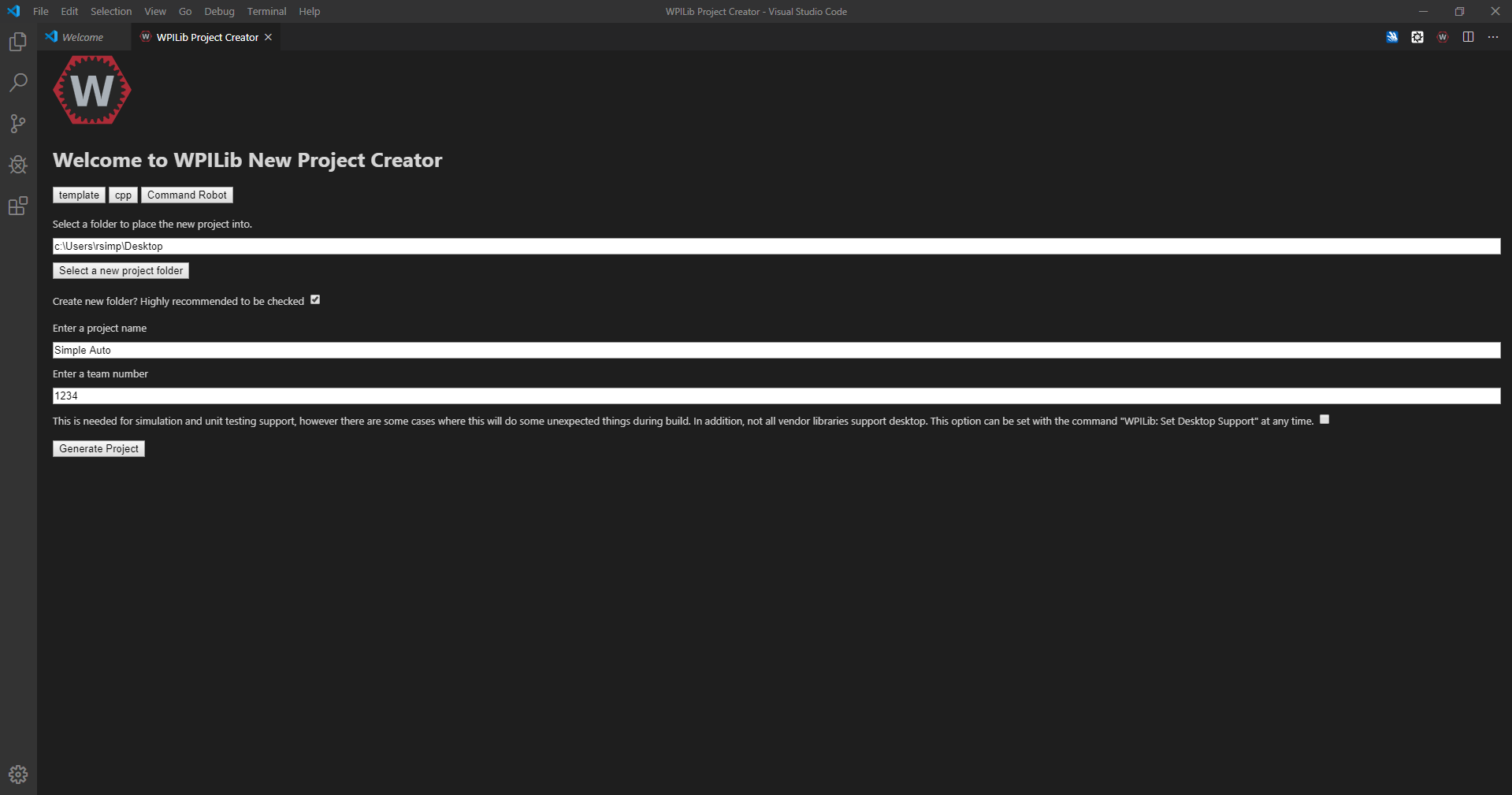 Completed project-creation form